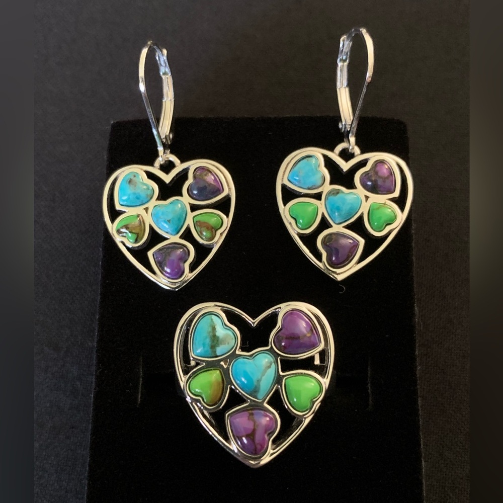 Multi Color Turquoise Heart Cabochon Rhodium Over Sterling Ring & Earring set